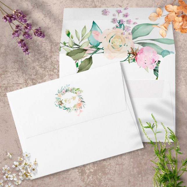 Roses Floral Gold Script Monogram Return Address Envelope (Creator Uploaded)