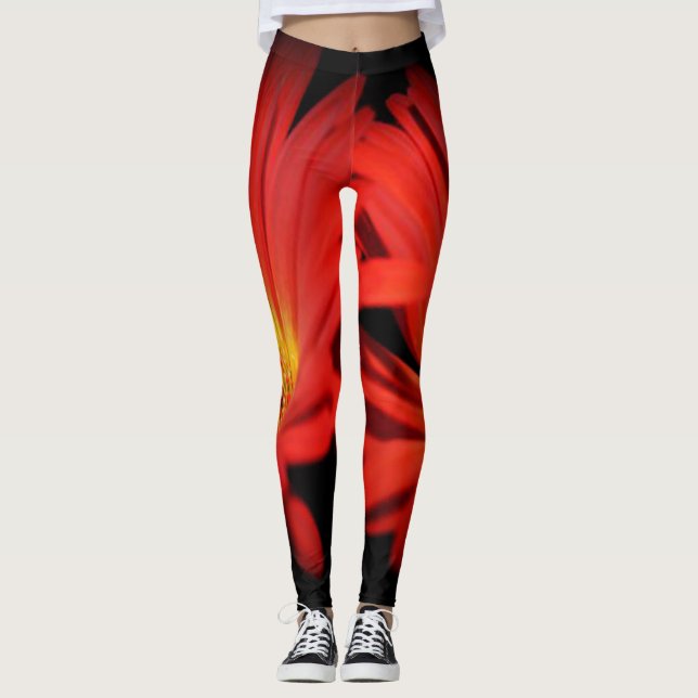 Roses floral green red modern style Leggings (Front)