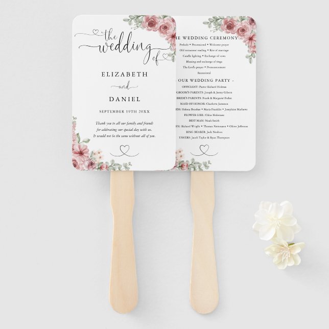 Roses Floral Heart Script Wedding Program Hand Fan (Front and Back)