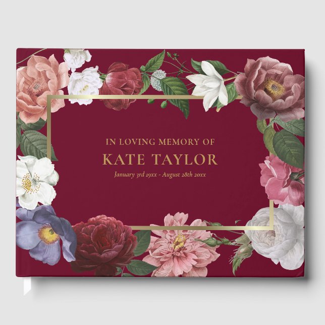 Roses Floral In Loving Memory Funeral Guest Book (Front)