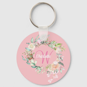 Roses Floral Initial Script Monogram Pink Keychain