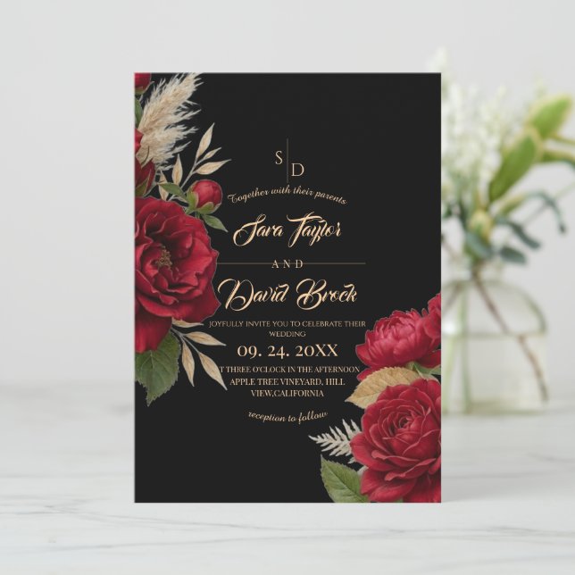  Roses Floral Modern Boho Wedding Invitation (Standing Front)