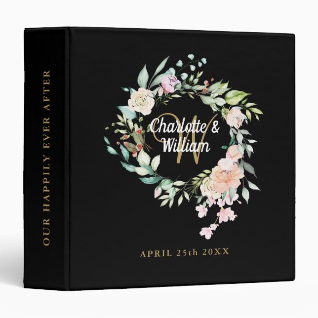 Roses Floral Monogram Black Gold Wedding Album Binder (Front/Spine)