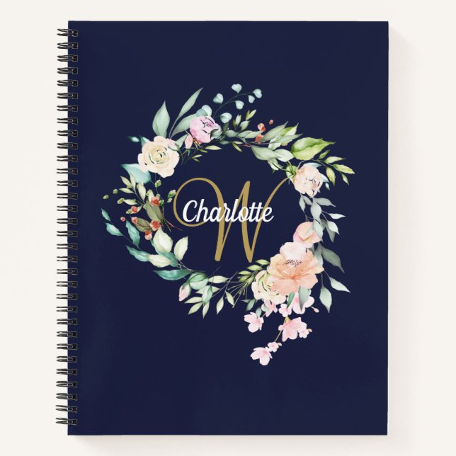 Roses Floral Monogram Gold Script Navy Blue Notebook (Front)