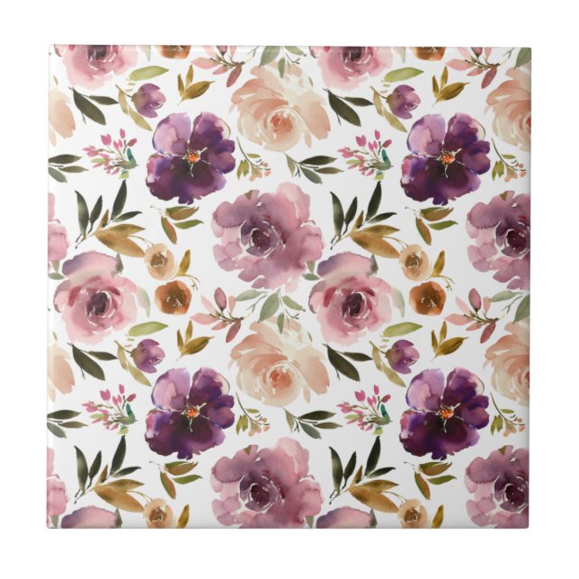 Roses Floral Pink Purple bathroom Tile (Front)