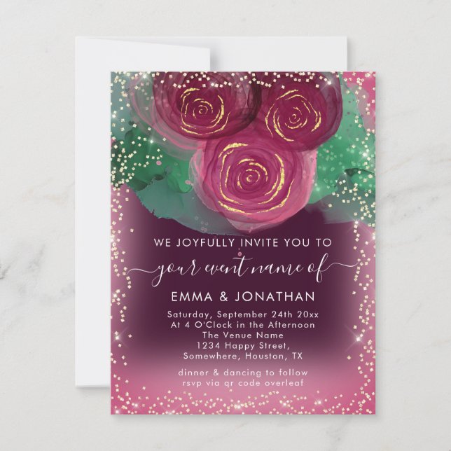 Roses Floral QR Code Burgundy Gold Marsala (Front)