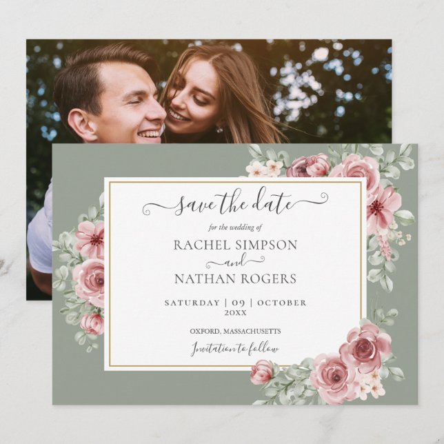 Roses Floral Sage Green Photo Wedding Save The Date (Front/Back)