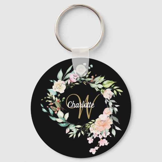Roses Floral Script Monogram Black Gold Keychain (Front)