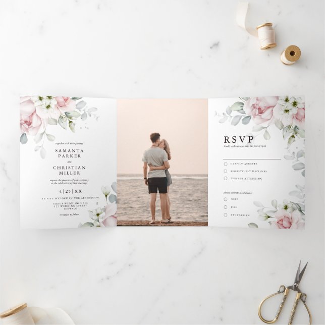 Roses floraux | Invitation mariage triplée (Intérieur)