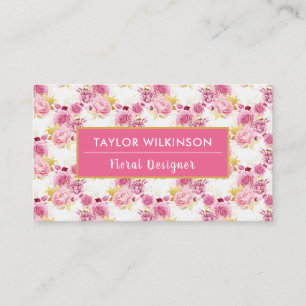 Roses floraux rose et or sur Carte de visite blanc