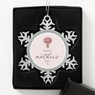 Roses Flower Bouquet Happy Mother's Day Elegant Snowflake Pewter Christmas Ornament