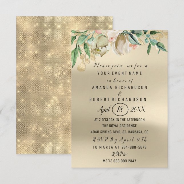 Roses Flower Brunch Green Gold Watercolor Ivory Invitation (Front/Back)
