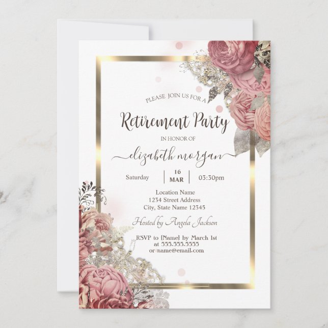 Roses Flowers Gold Frame Retirement  Invitation (Front)