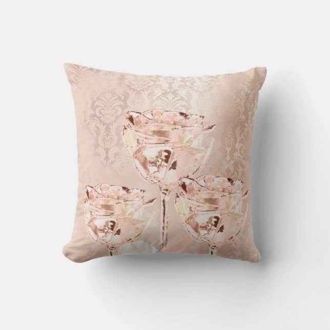 Roses Flowers Pink Blush Powder Lux Metal Damask Throw Pillow (Front)