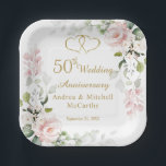 Roses Foliage Hearts 50th Wedding Anniversary Paper Plate<br><div class="desc">50th Wedding Anniversary Paper Plate with the images of pinkish roses, greenery foliage and joined hearts. Personalize with your names and date.</div>