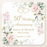 Roses Foliage Hearts 50th Wedding Anniversary Square Paper Coaster<br><div class="desc">50th Wedding Anniversary coaster with the images of pinkish roses, greenery foliage and joined hearts. Personalize with your names and date.</div>