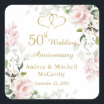 Roses Foliage Hearts 50th Wedding Anniversary  Square Sticker<br><div class="desc">50th Wedding Anniversary sticker with the images of pinkish roses,  greenery foliage and joined hearts.  Personalize with your names and date.</div>