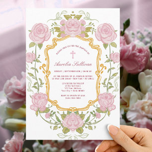 Roses Frame Baptism Invitation