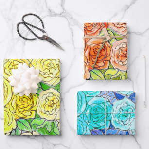 Roses Garden Flowers Floral Art Yellow Red Blue Wrapping Paper Sheet