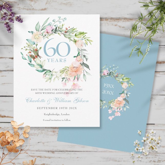 Roses Garland 60th Anniversary Save the Date Announcement Postcard (Creator Uploaded)