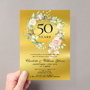 Roses Garland Gold Foil 50th Wedding Anniversary Acrylic Invitations