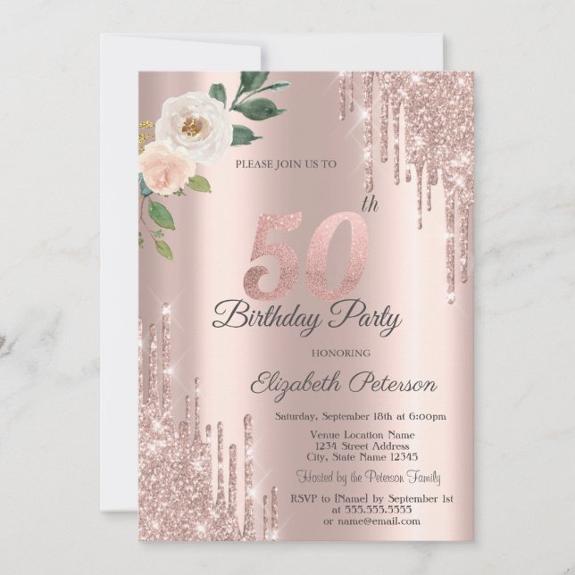 Roses Glitter Drips Rose Gold 50th Birthday   Invitation (Front)