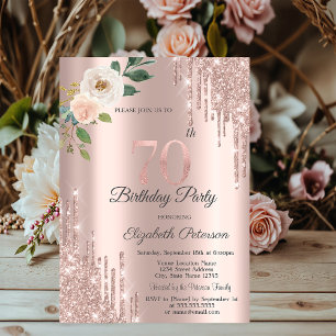 Roses Glitter Drips Rose Gold 70th Birthday Invitation