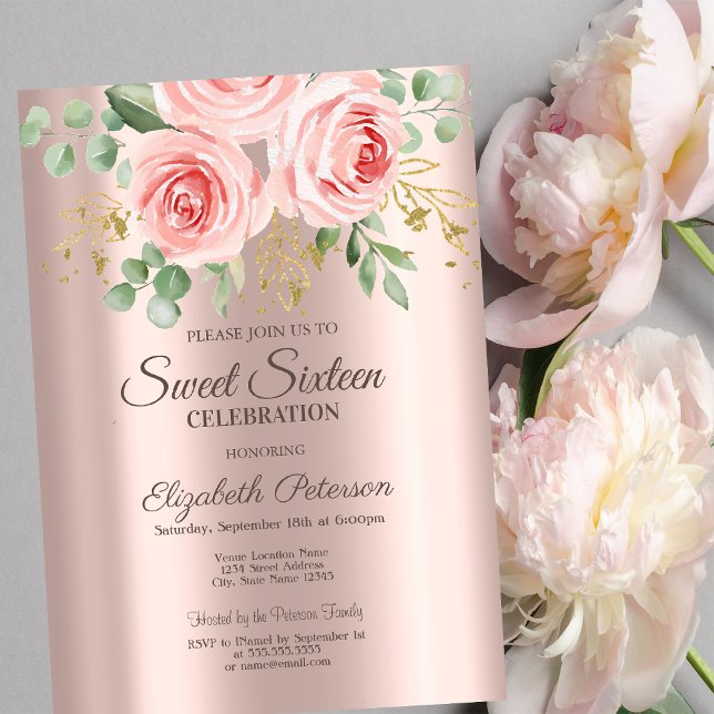 Roses,Glitter Drips Rose Gold  Sweet 16  Invitation (Creator Uploaded)