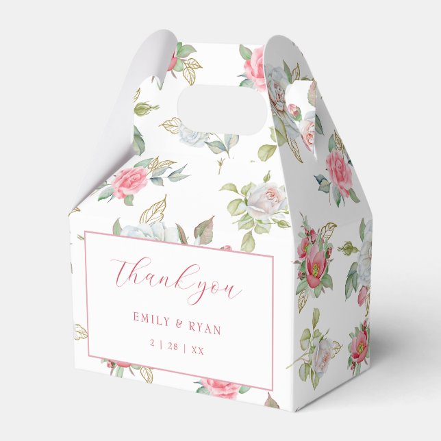 Roses & Gold Engraved Leaves Thank You Favor Box (Front Side)