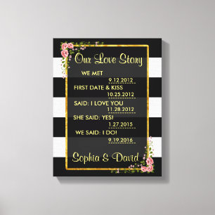 Roses Gold Foil Black Stripes OUR LOVE STORY Canvas Print