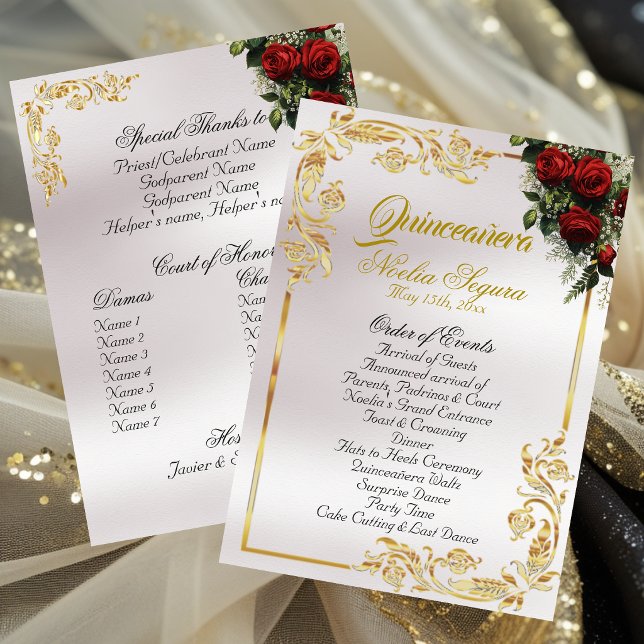 Roses & Gold Leaves - Pearl Quinceanera Program (Creator Uploaded)