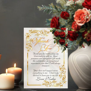 Roses, Gold Leaves & Tiara - Pearl Quinceanera Thank You Card