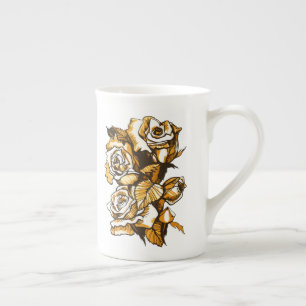 Roses, graphic floral art, blooming rose flowers bone china mug