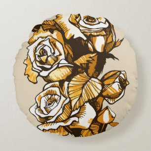 Roses, graphic floral art, blooming rose flowers round pillow