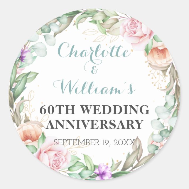 Roses Greenery 60th Diamond Wedding Anniversary Classic Round Sticker (Front)