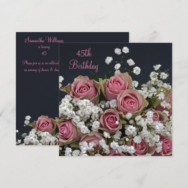 Roses & Gypsophila Bouquet 45th Birthday Invitation (Front/Back)