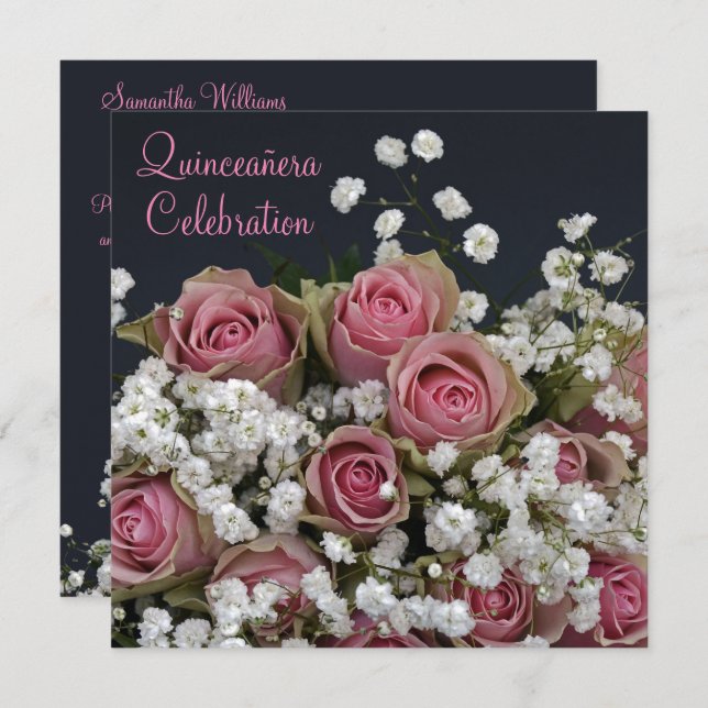 Roses & Gypsophila Bouquet Quinceañera Invitation (Front/Back)