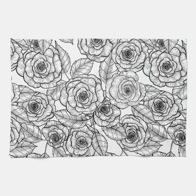 Roses hand drawn pattern kitchen towel (Horizontal)