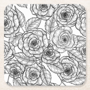 Roses hand drawn pattern square paper coaster