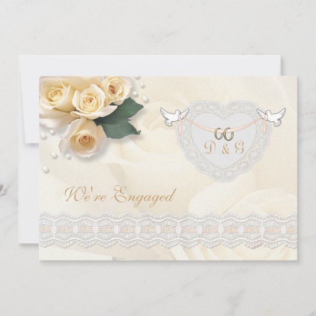 Roses, heart, doves and rings Engagement Invitation (Front)