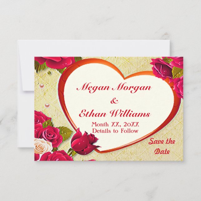 Roses & Heart Frame Save the Date Small Flat Card (Front)