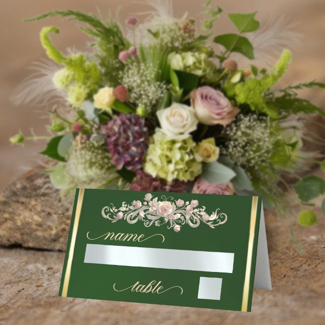 Roses & Heart Monogram - Emerald Place Card (Creator Uploaded)
