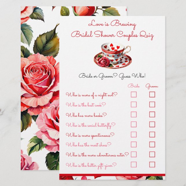 Roses & Hearts Couple Quiz Shower Game (Front/Back)