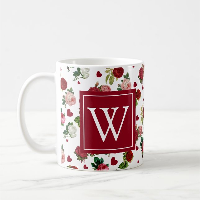 Roses Hearts Initial Monogram Floral Coffee Mug (Left)