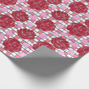 Roses, Hearts on Plaid Pattern Wrapping Paper