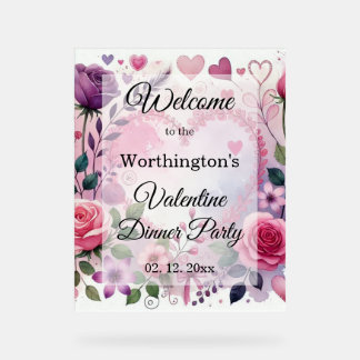 Roses hearts Valentine floral pastel watercolor Acrylic Sign