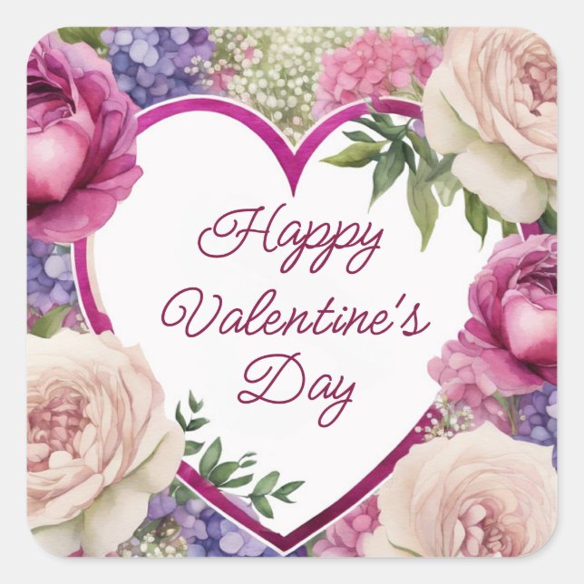 Roses & Hydrangeas Custom Text Valentine's Day Square Sticker (Front)