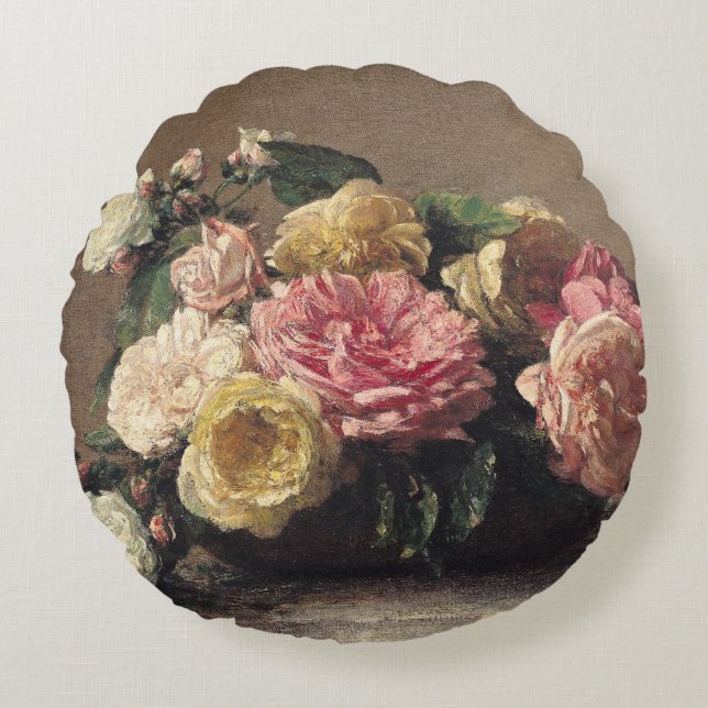 Roses in a Dish, 1882 Round Pillow (Front)
