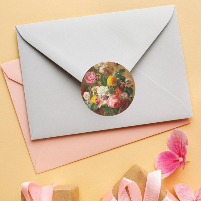 Roses in a Vase by Aghate Pilon, Floral Art Classic Round Sticker (Creator Uploaded)