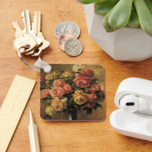 Roses in a Vase by Pierre Renoir, Vintage Fine Art Keychain